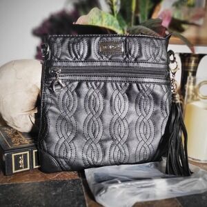 BELLA RUSSO Black Faux Leather Crossbody Clutch Tassel Zip Pocket Quilted Bag
